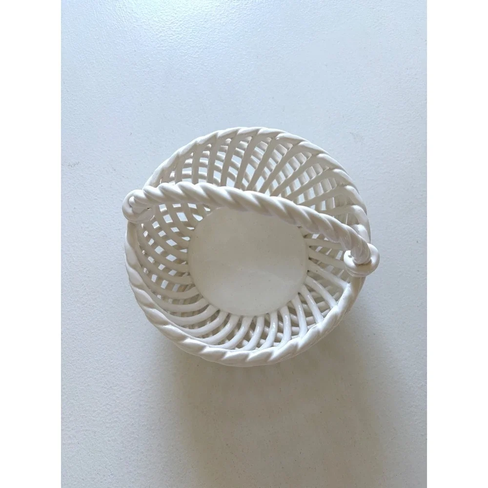 Vintage White Ceramic Lattice Basket Woven Openwork Twisted Handle Decor